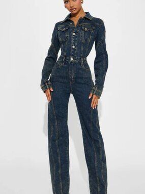 Fashion Nova Downtown Vibe Denim Jumpsuit - Dark Wash